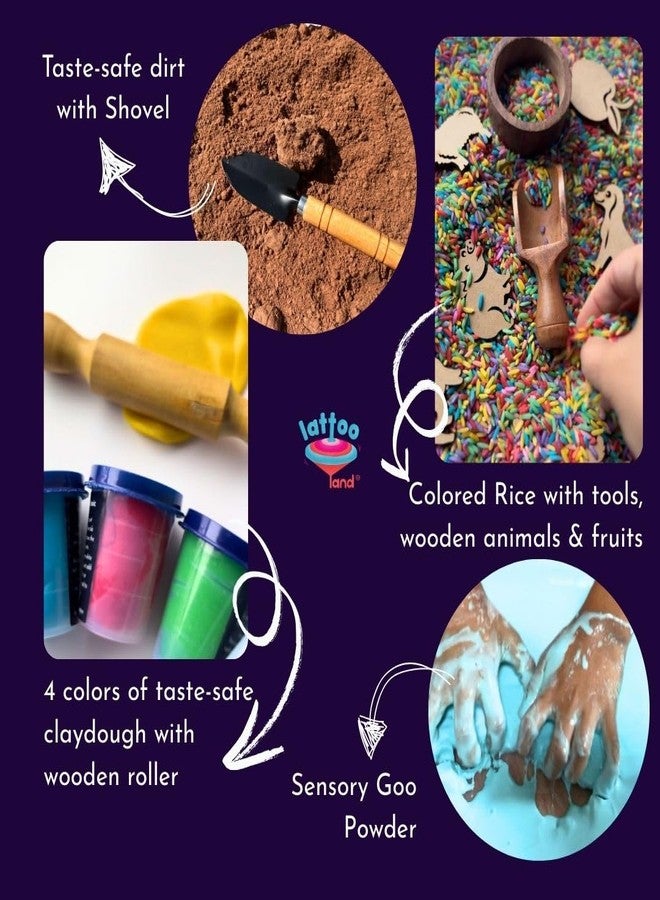 Lattooland Sensory Starter Kit for Kid | Taste-Safe Rice, Play Dirt, Clay Dough & Goo Powder | Wooden Farm Animals & Fruits | Child-Safe Sensory Wooden Tools | Transparent Tray | Bowl, Scoop & Roller - Image 3